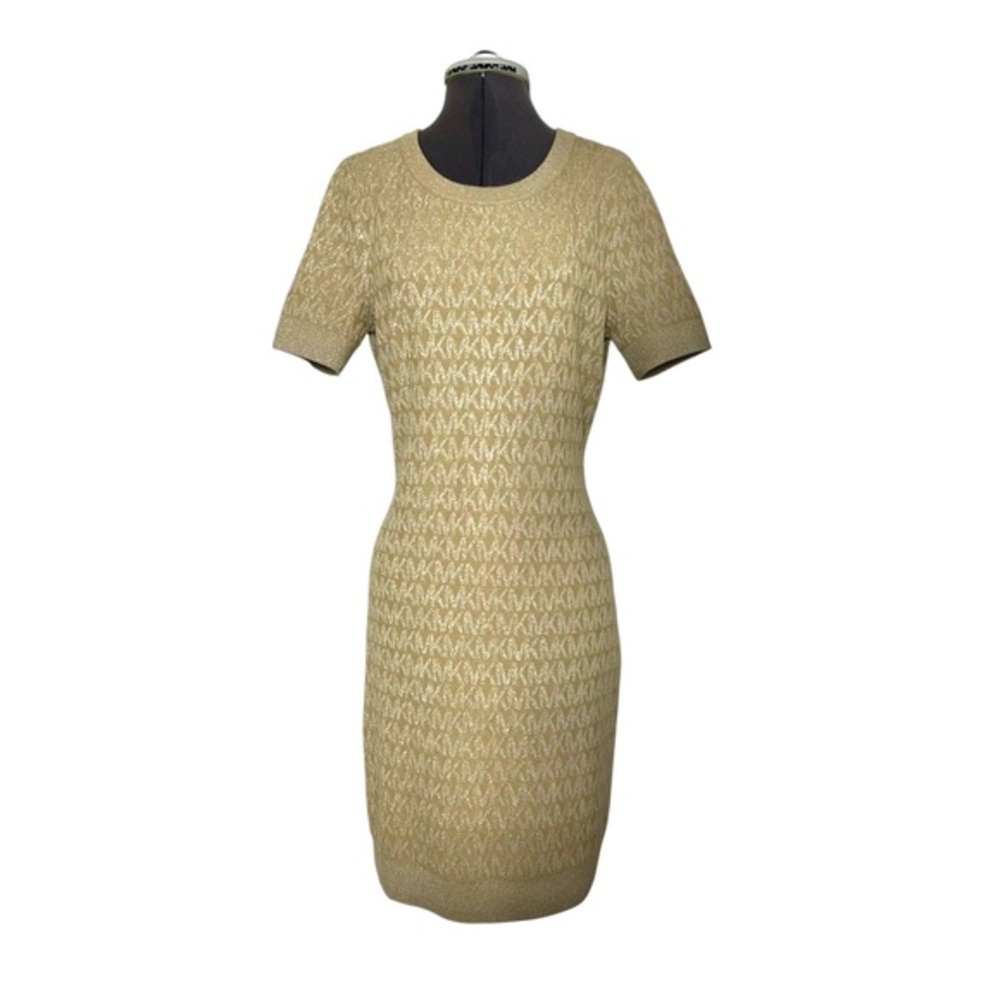Michael Kors Cotton Blend Tan Gold Knit Stretchy All Over Logo Sweater Dress‎ M